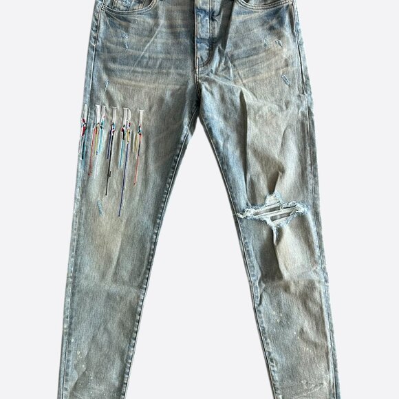 Amiri Clay Indigo Paint Drip Logo Jeans - Picture 1 of 4